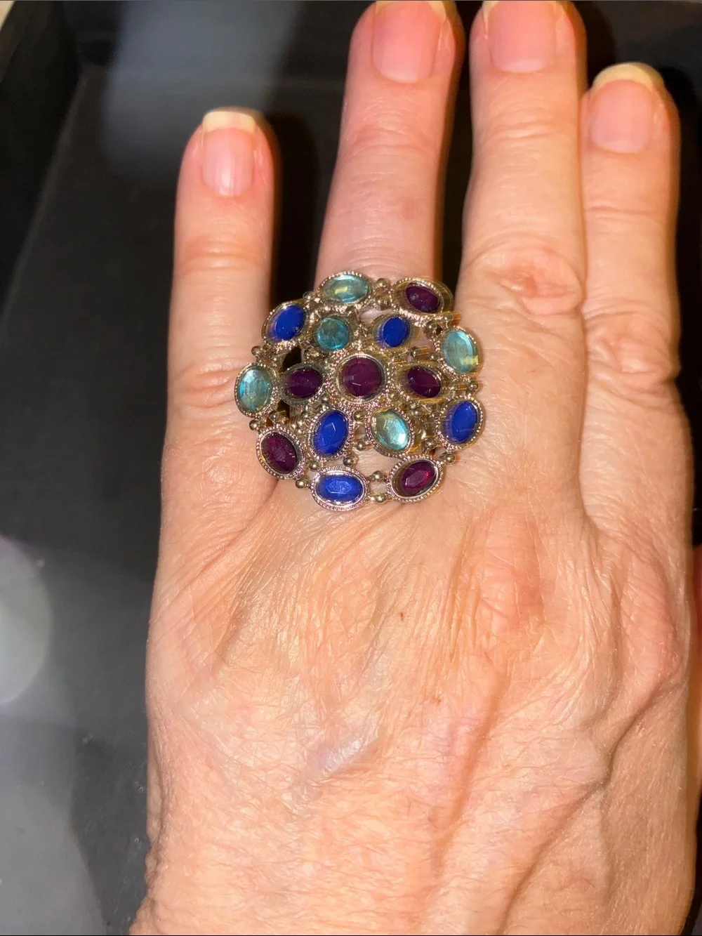Multicolor Cluster Cocktail Stretch Ring in Blue, Teal & Purple